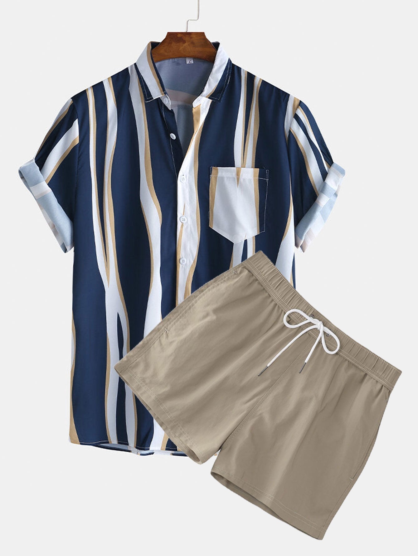 Wave Stripes Lapel Shirts & Short Length Swim Shorts