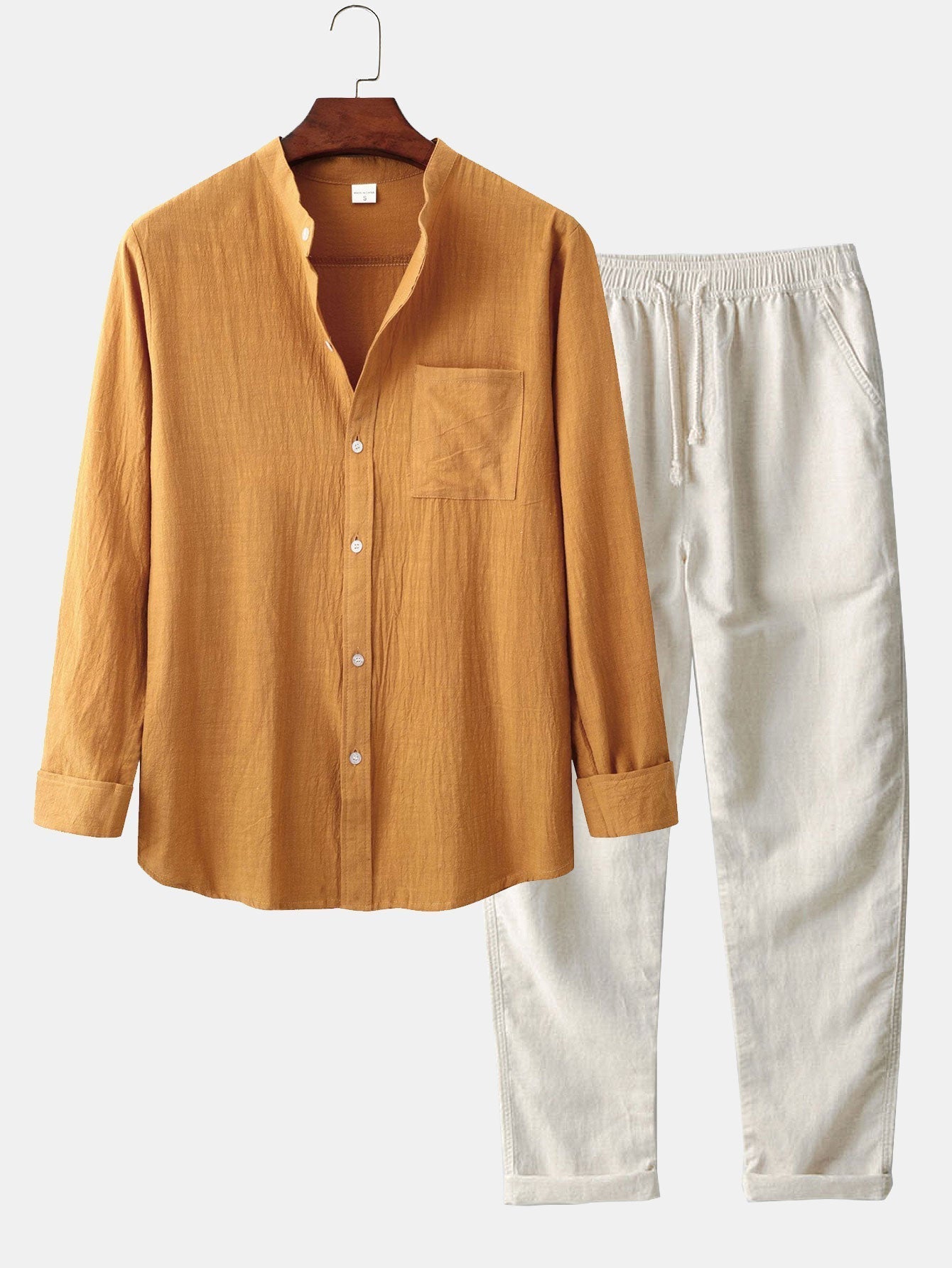Long Sleeved Linen Look Stand Collar Shirt & Straight Leg Linen Broek