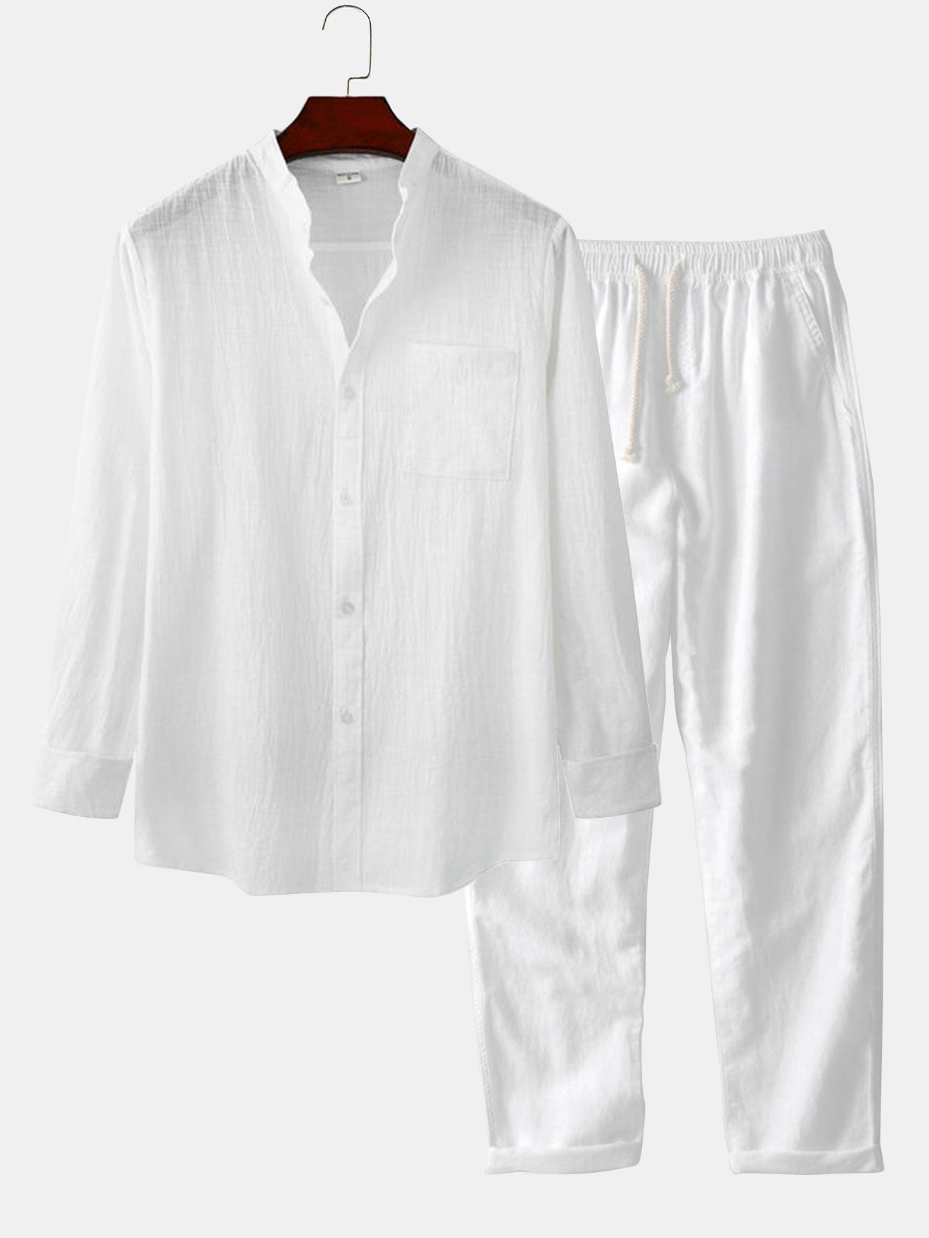 Long Sleeved Linen Look Stand Collar Shirt & Straight Leg Linen Broek