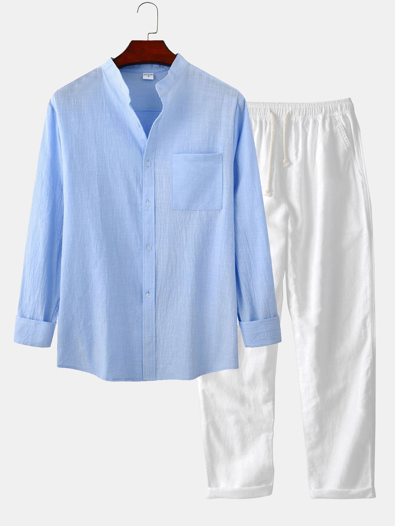 Long Sleeved Linen Look Stand Collar Shirt & Straight Leg Linen Broek