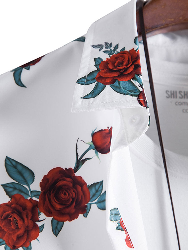 Rose Print Button Up Shirt & Shorts