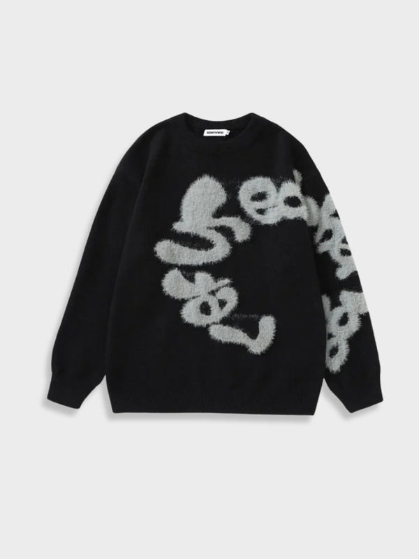 Black Fuzzy Letter Sweater
