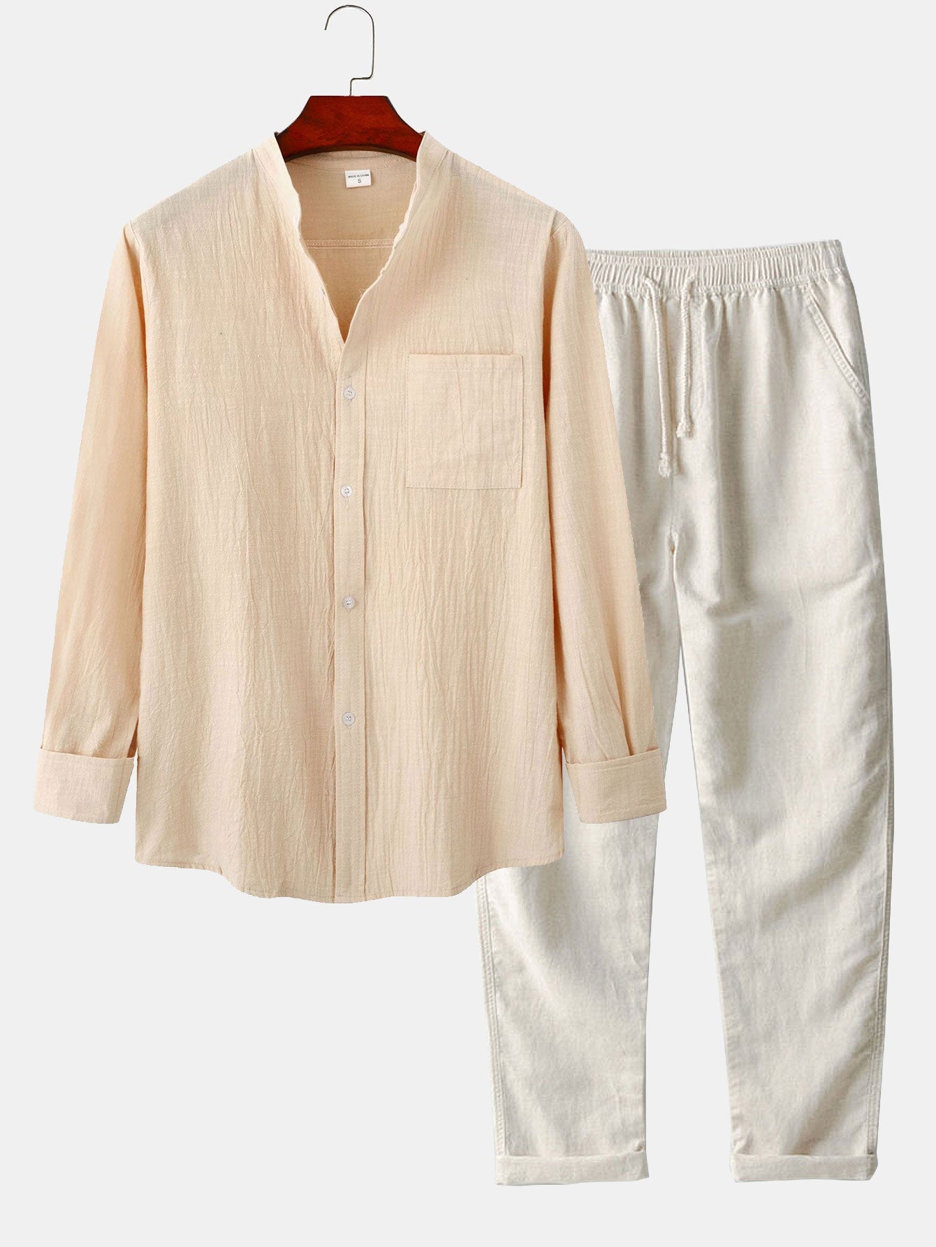 Long Sleeved Linen Look Stand Collar Shirt & Straight Leg Linen Broek