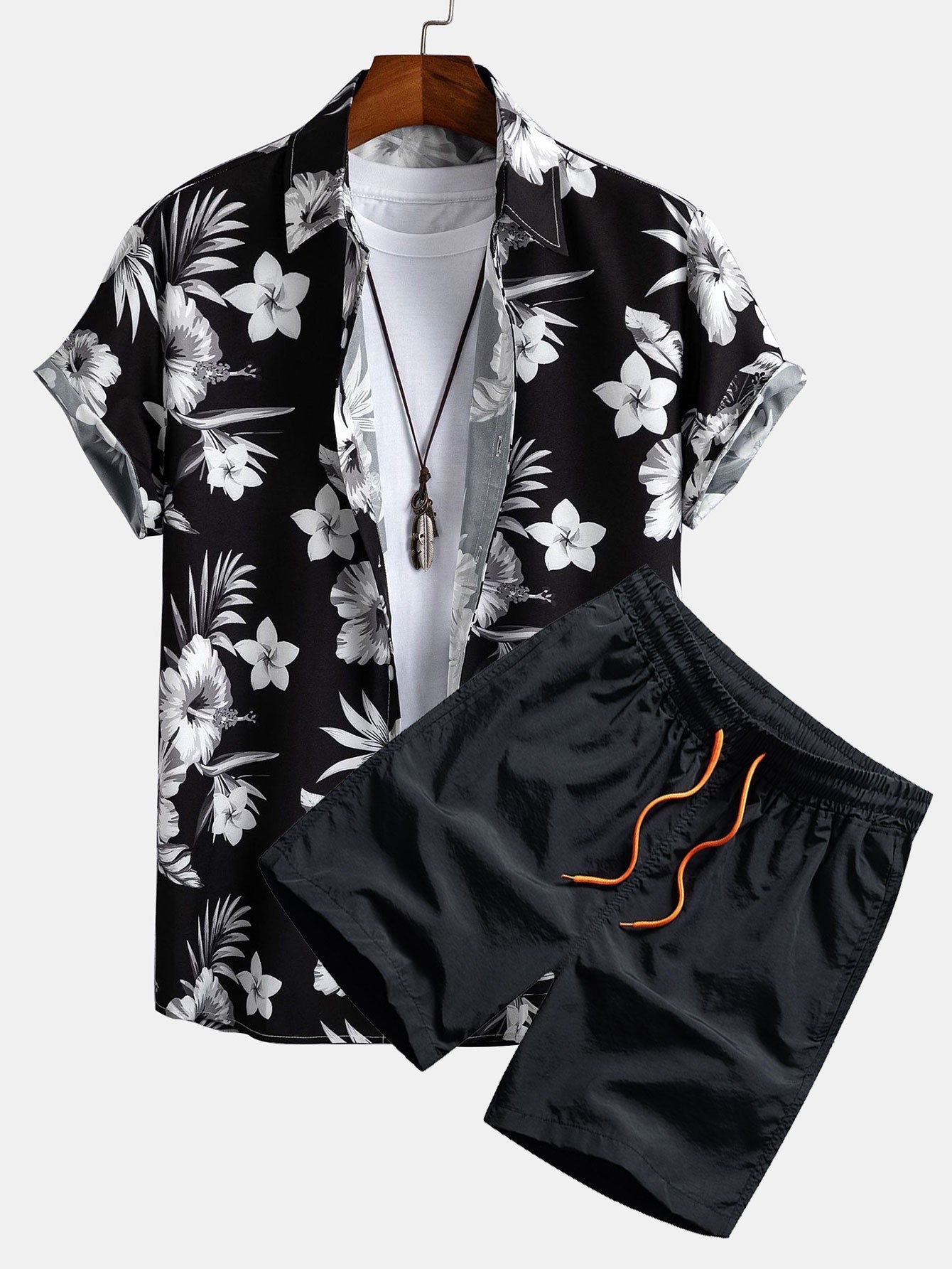Tropical Floral Print Button Up Shirt & Swim Shorts