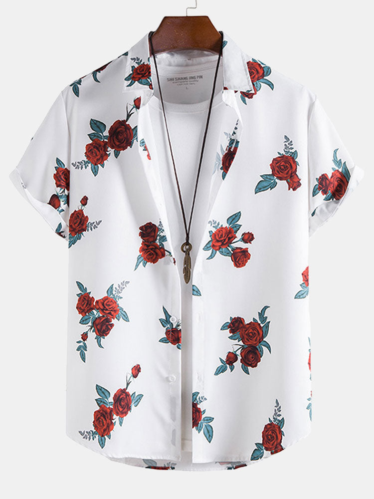 Rose Print Button Up Shirt & Shorts